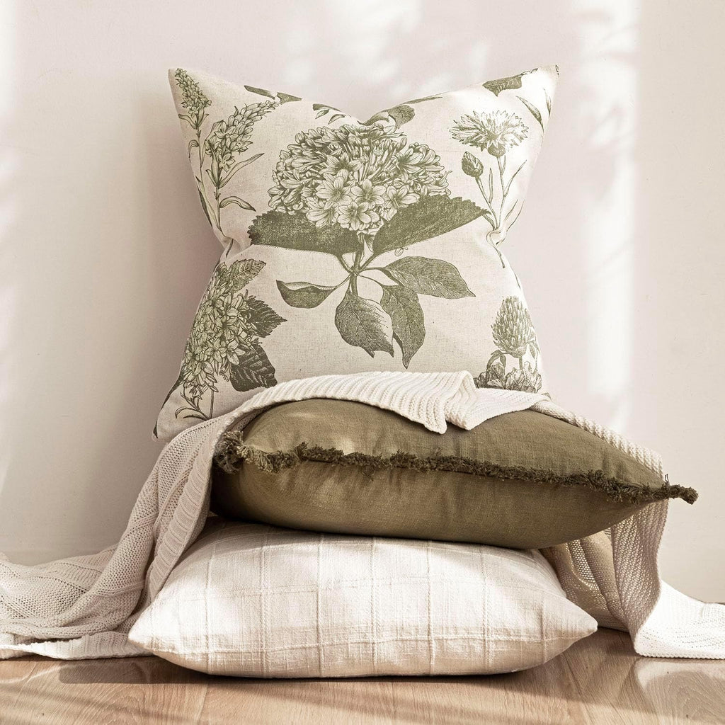 Set of 2 Linen Floral Vintage Throw Pillow Covers Neutral Accent Print Decorative Cushion Covers Farmhouse Home