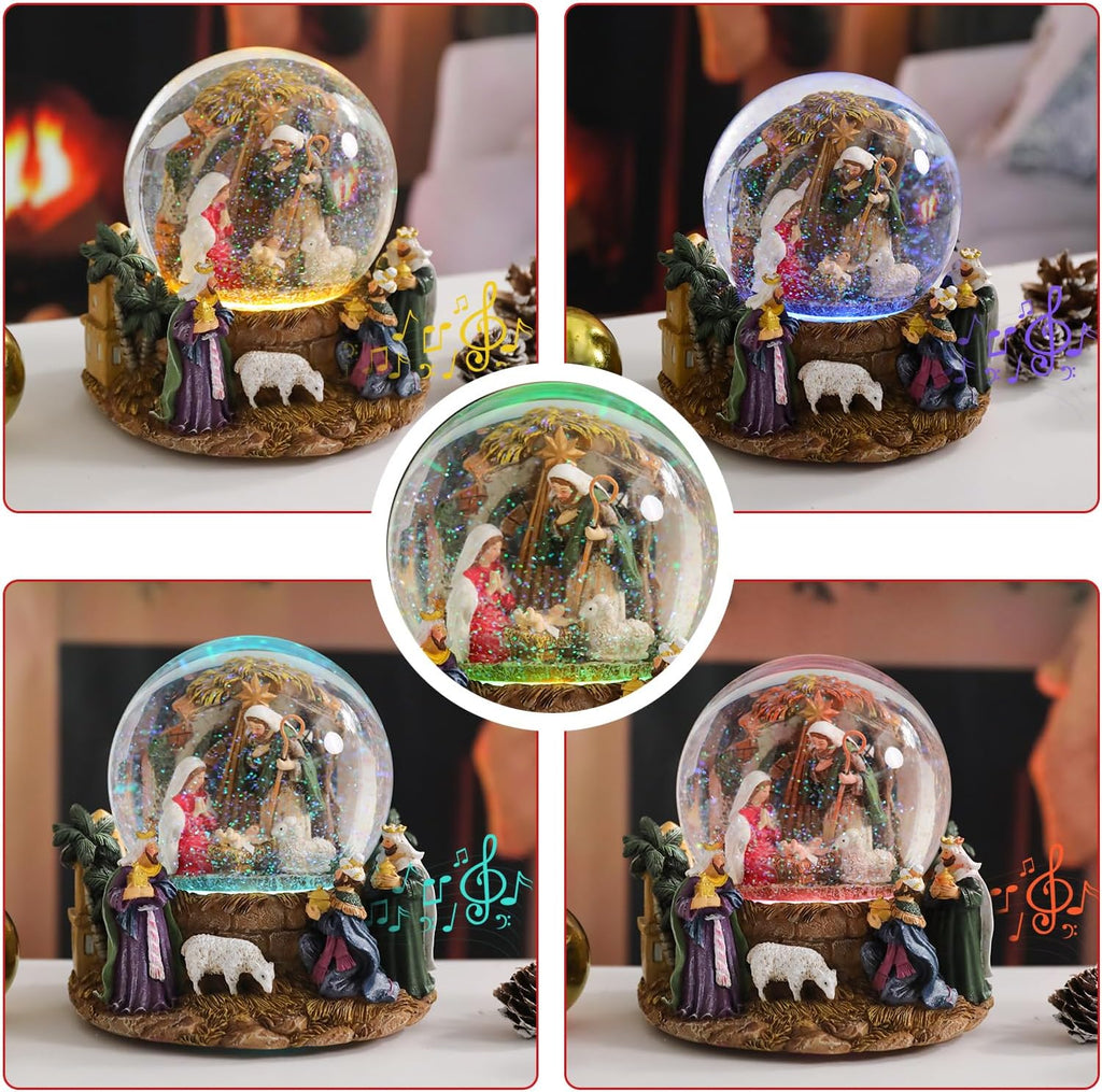 Christmas Snow Globes, Nativity Scene Snow Globes with Musical Battery Operated LED Lights Glittering Water Globe