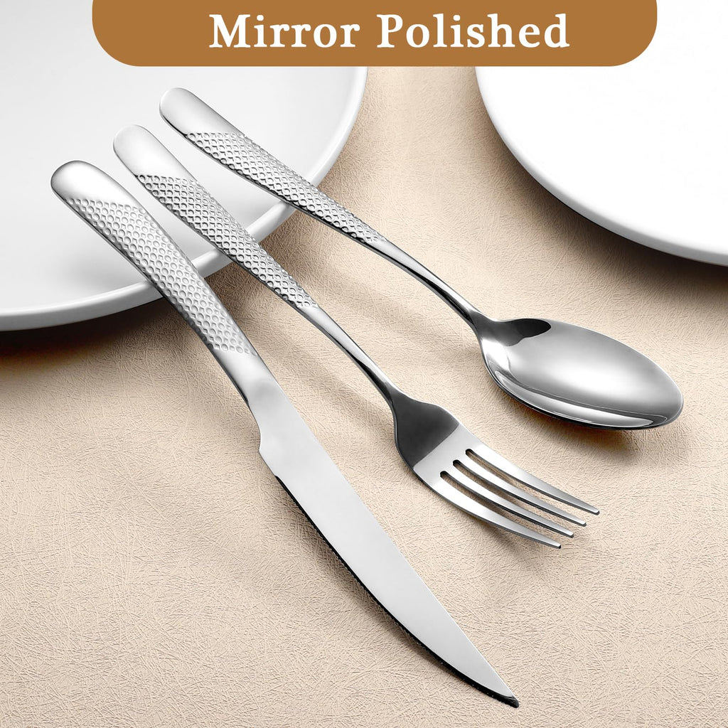 16 Piece Hammered Silverware Set for 4, Premium Food-grade Stainless Steel Flatware Set, Modern Design & Mirror