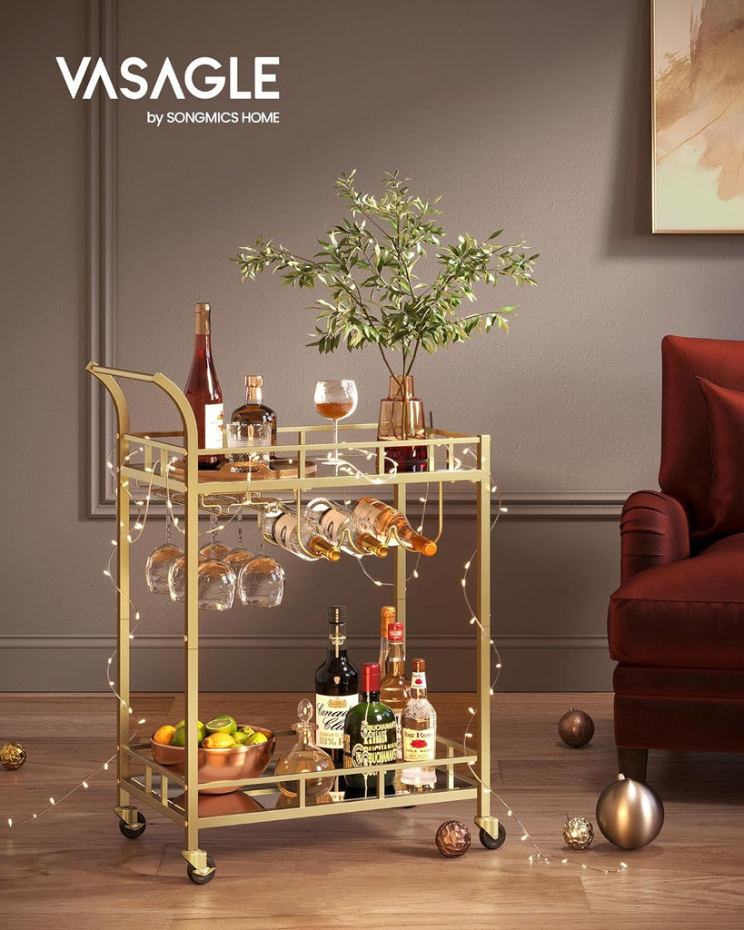 Bar Cart Gold, Home Bar Serving Cart, Wine Cart with 2 Mirrored Shelves, Wine Holders, Glass Holders, Gold ULRC092A62