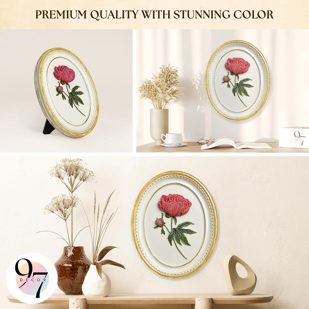 Oval Peony Wall Sculpture, 3D Resin Floral Art, 9.5x7.8