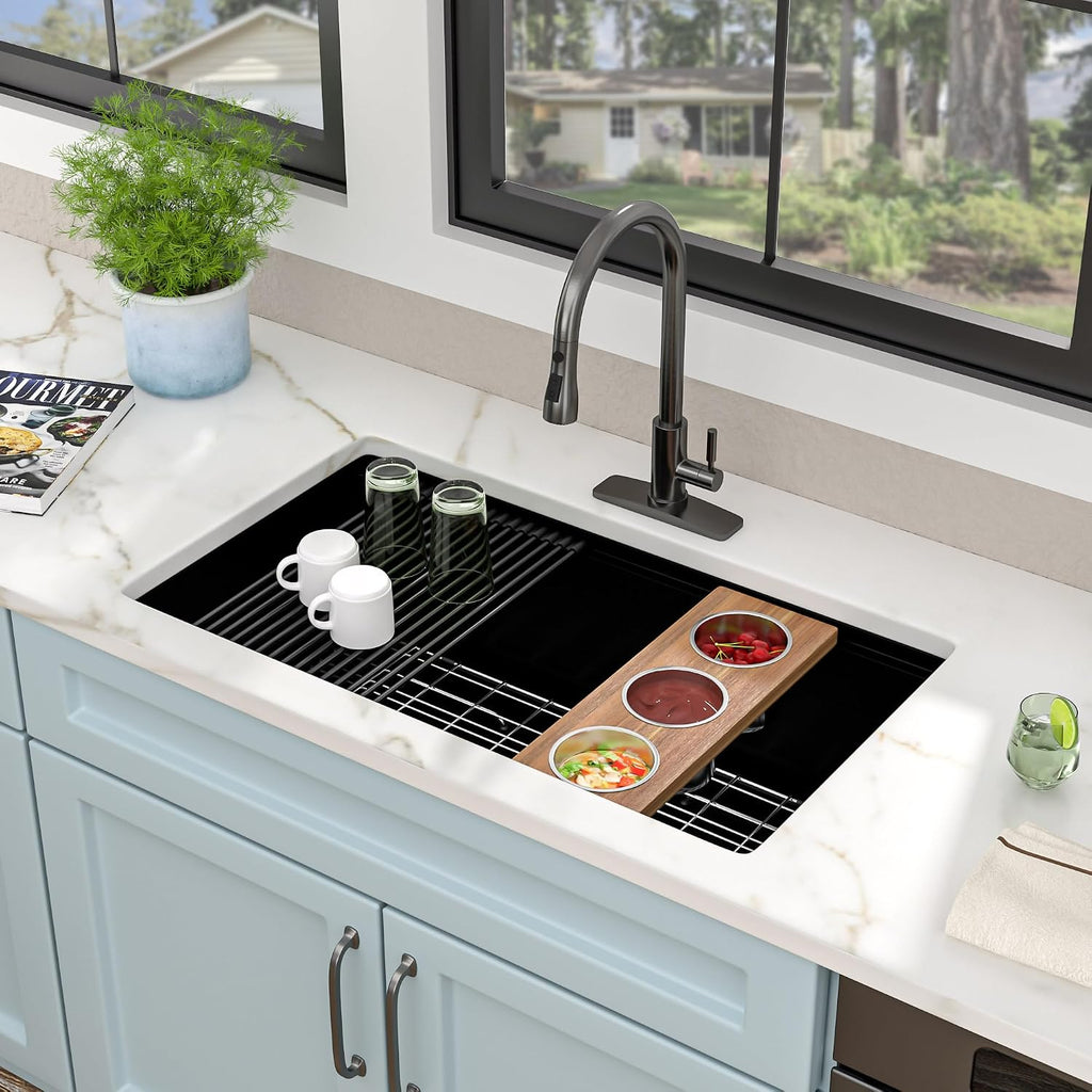 30" x 19" Undermount Matte Black Workstation Kitchen Sink | 16 Gauge T304 Stainless Steel Single Bowl Sink with