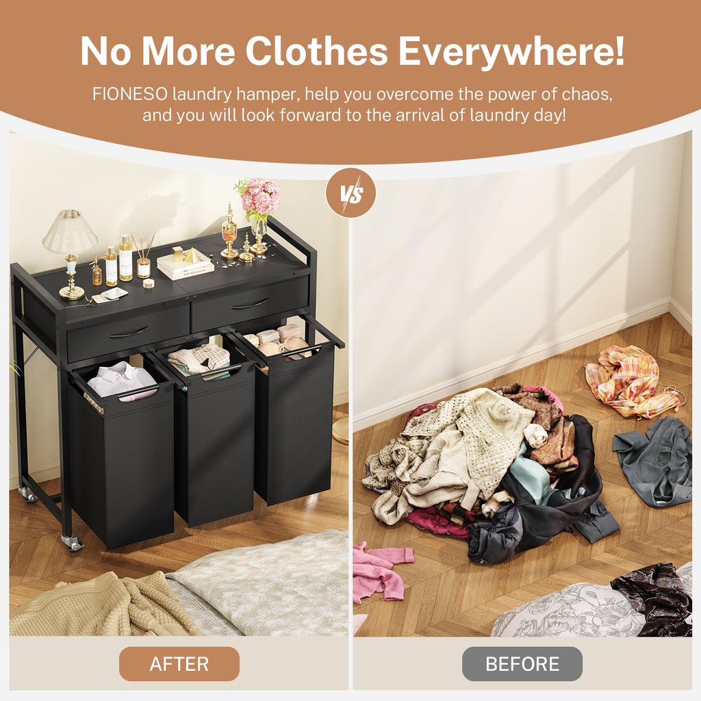 Sorter 3 Section, 120 L Laundry Hamper with 2 Drawers & 2-tone Top Panel, Rolling Laundry Basket Organizer with