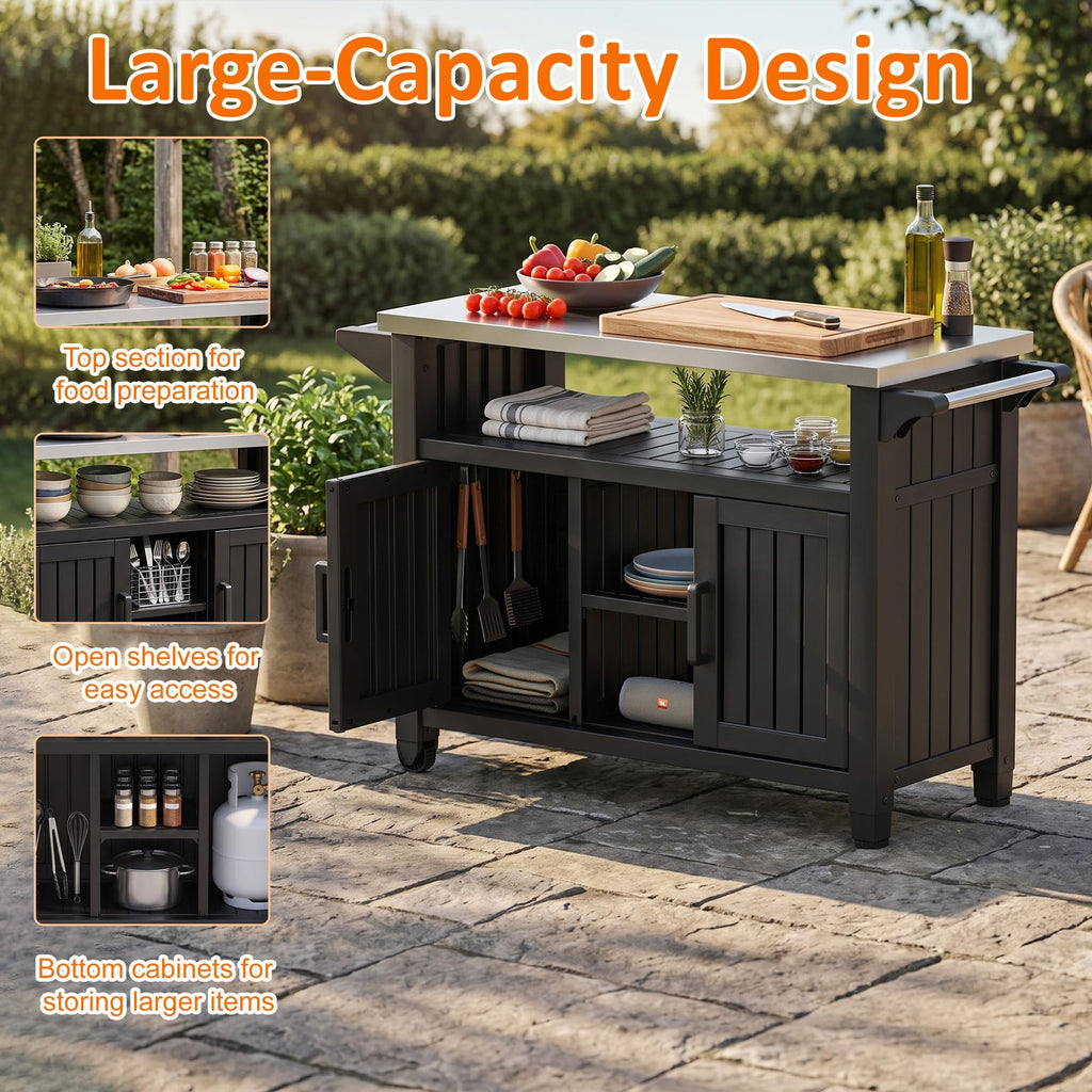 Outdoor Storage Cabinet, Patio Storage Table, Bar Table with Wheels, Outdoor Bar Cart, Poolside and Backyard, Standard
