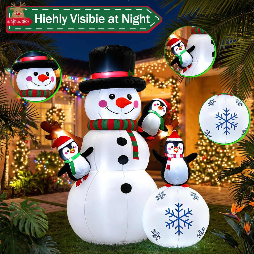 7 FT Christmas Inflatable Snowman with 3 Penguins, Giant Lighted Blow Up Snowman, Outdoor Christmas Yard Decorations
