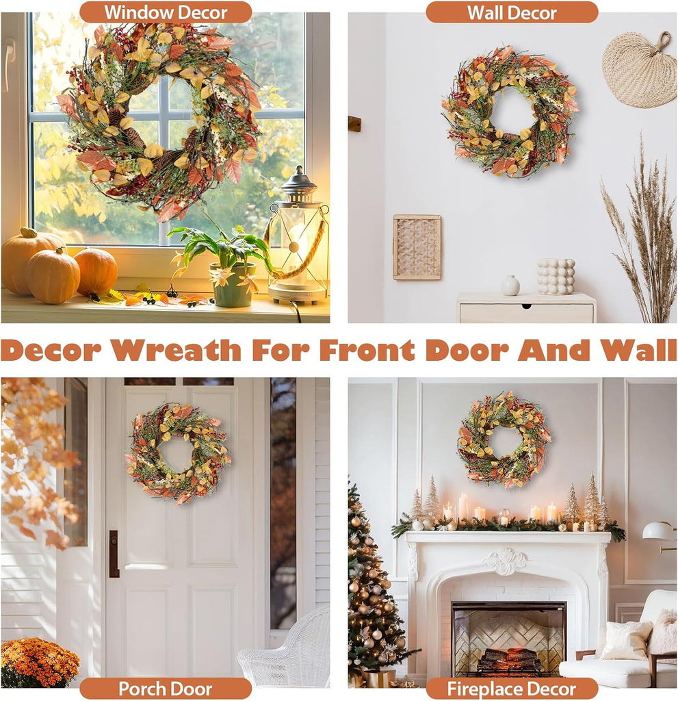 Fall Wreath for Front Door 24 inch Artificial Red Broad Leaves