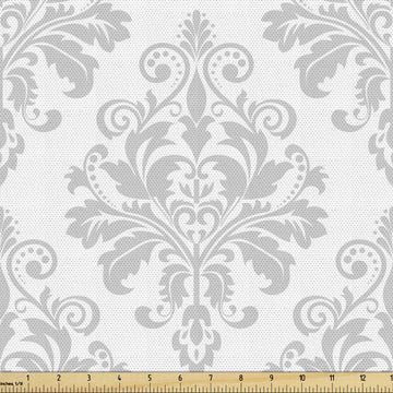 Damask Grey Fabric by The Yard, Antique Baroque Pattern of Continuous Botany Swirls Illustration Print, Decorative