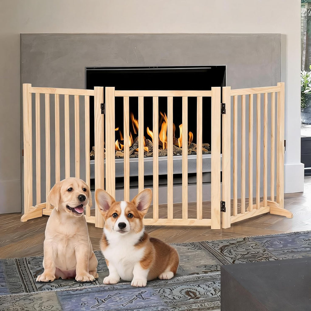 24 Inch Foldable Wooden Dog Gate, Foldable Freestanding Dog Door 3 Panel, White Wooden z Shape Step Over Pet Fence