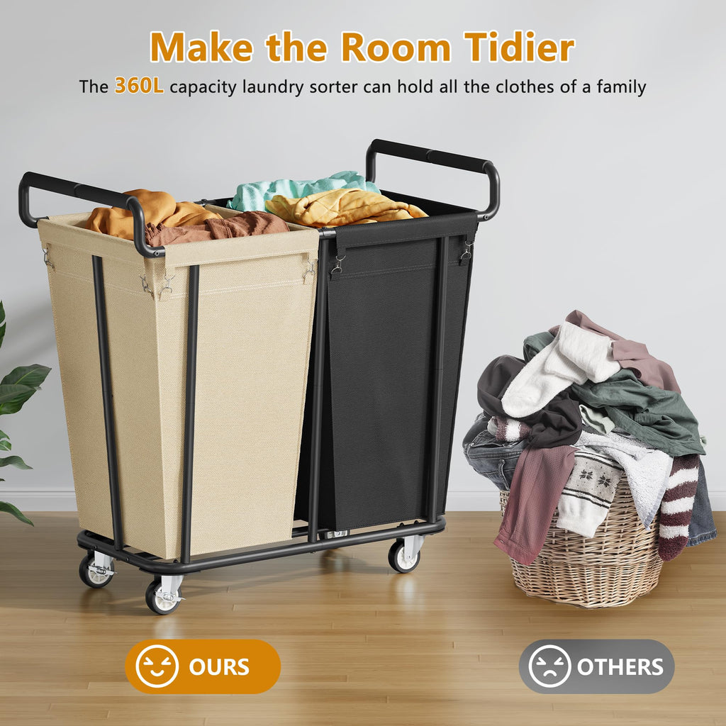 2 Section Heavy Duty Laundry Basket with Wheels, 360L