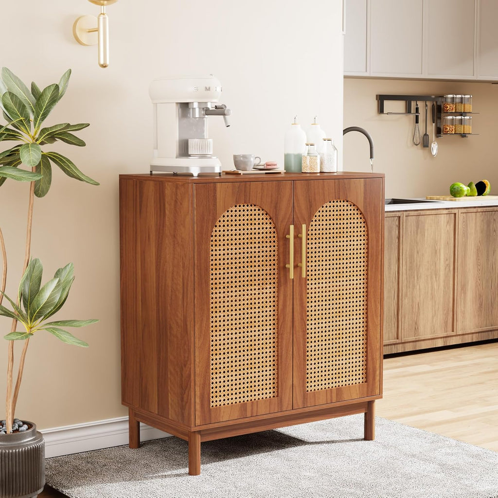 Set of 2 Rattan Sideboard Buffet with Storage, 59 Inch Accent Cabinet with Doors, Storage Cabinet , Caramel Brown