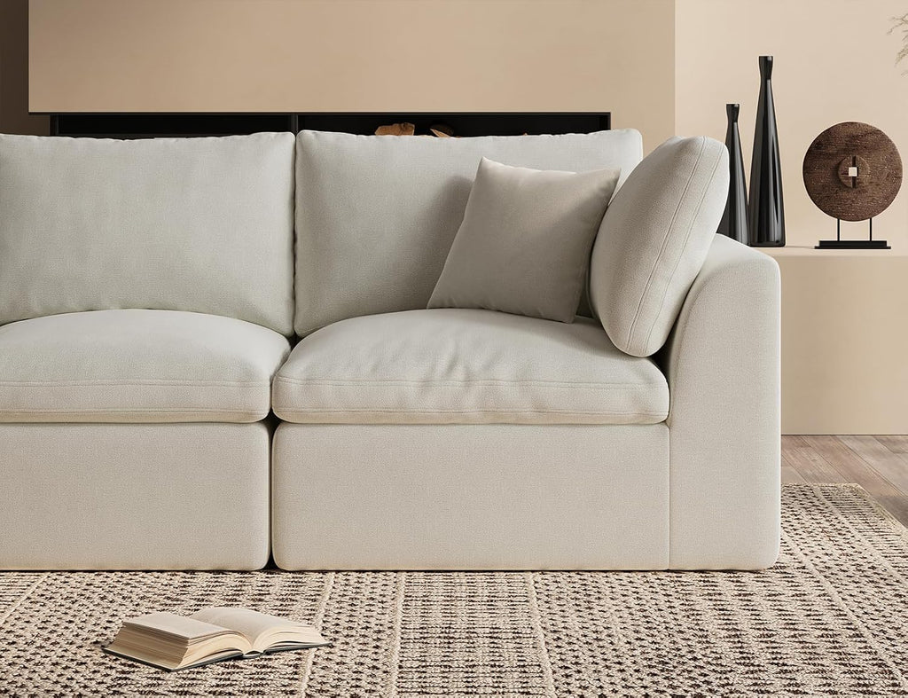 110" Cloud Sectional Couches , Convertible L-Shape Couch with Ottoman, 3 Seater Modular Sectional Sofa, Warm White