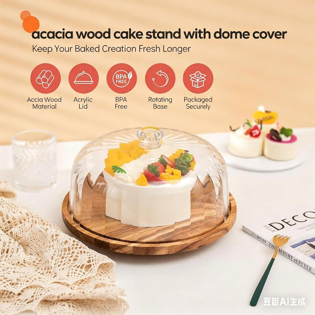 Cake Stand with Lid, 10.8'' Shatterproof Acrylic Dome (Not Glass), 11.8'' Rotating Acacia Wood Cake Display Stand