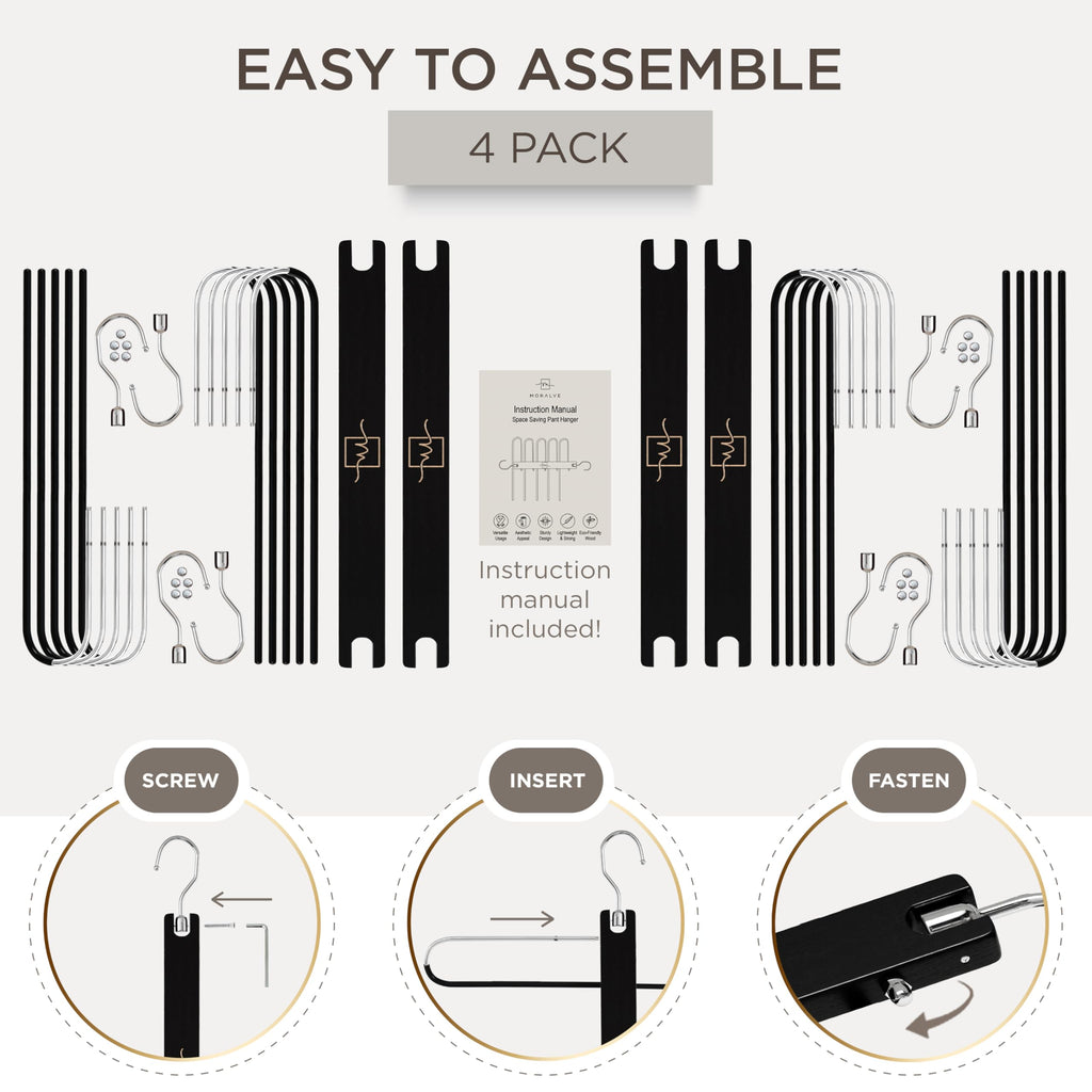 Pants Hangers Space Saving - 4 Pack European Beechwood Scarf and Jean Hangers - Closet Organizer and Space Saver Pant