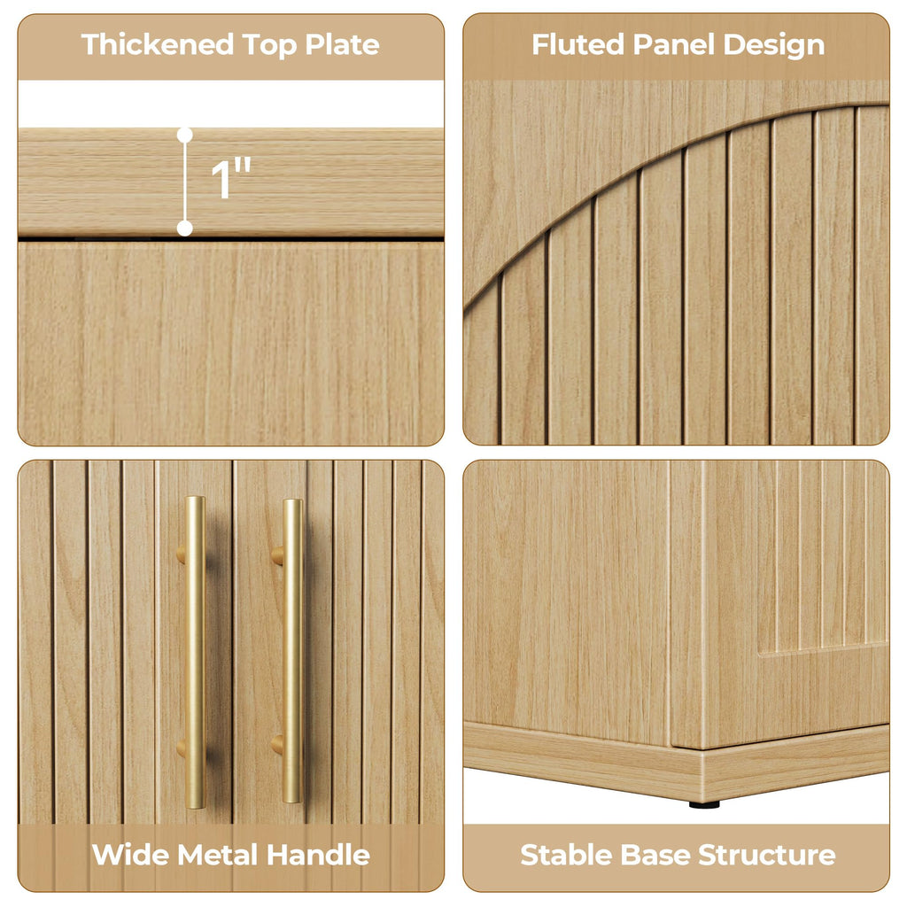 63" Fluted Buffet Cabinet, Oak Credenza with Adjustable Shelf