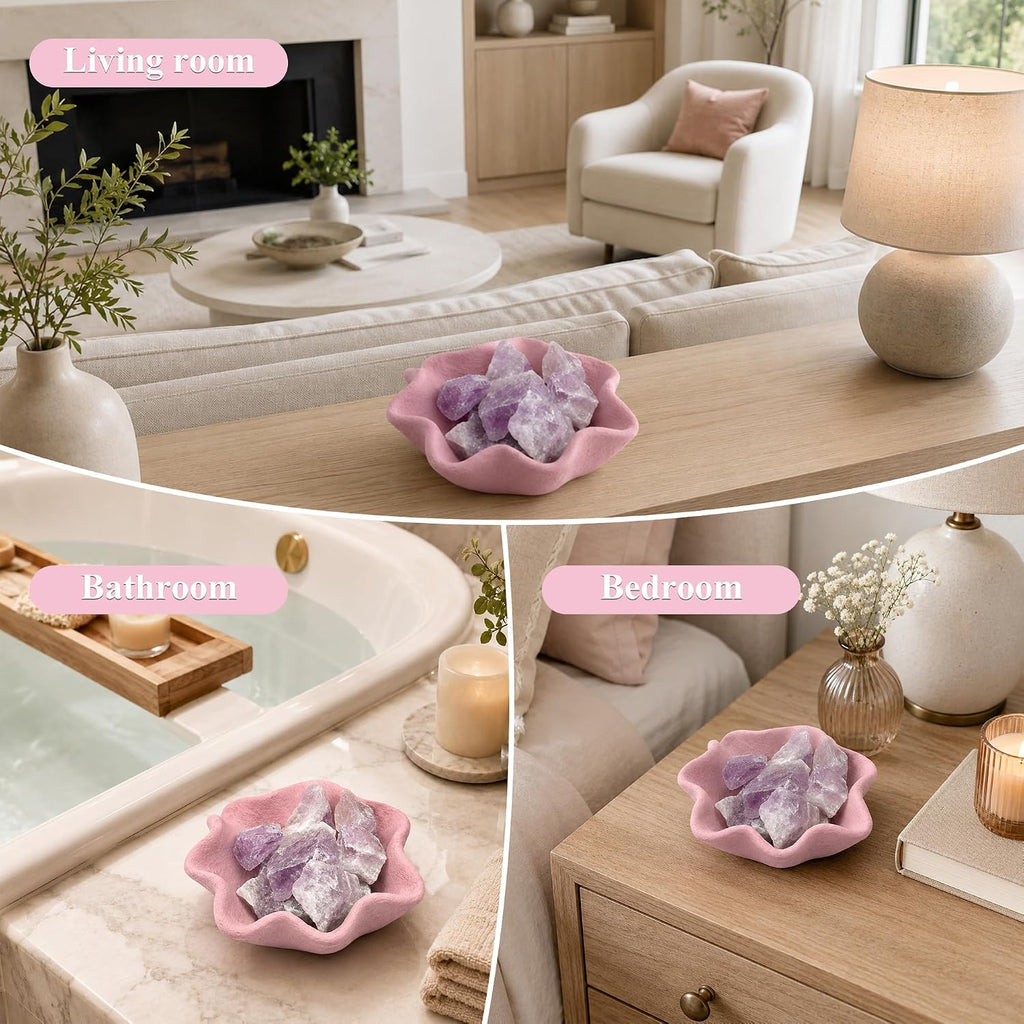 Blush Petal Cement Candle Vessel with 7 Crystal Stones - Handmade Petal-Shaped Matte Cement Bowl in Blush Pink