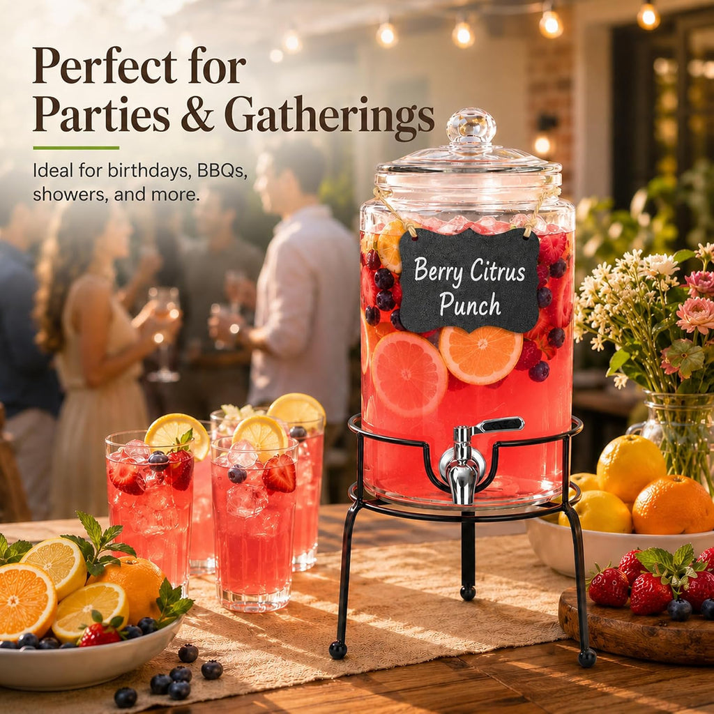 1 Gallon Beverage Dispenser 1 Pack, Stainless Steel Spigot Drink Dispenser for Parties with Stand, Clear Glass Drink
