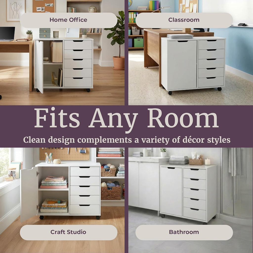 5 Drawer Office Storage Cabinet - Wooden Lateral File Cabinet with 5 Drawers, Door, and Adjustable Shelves - Rolling
