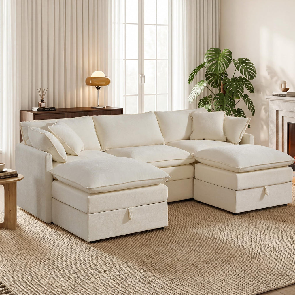 Modular Sofa with Storage, 103" U-Shape Sectional Cloud Couch, Oversized Fabric Couch with Movable Ottoman, 5 Seat