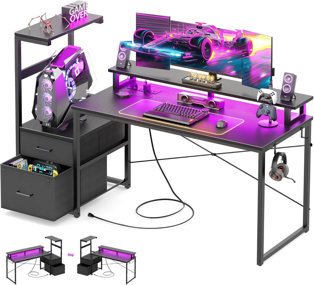59" Gaming Desk with RGB LED & Power Outlet &PC Case/Printer Stand | Reversible Computer Desk with Monitor Stand &