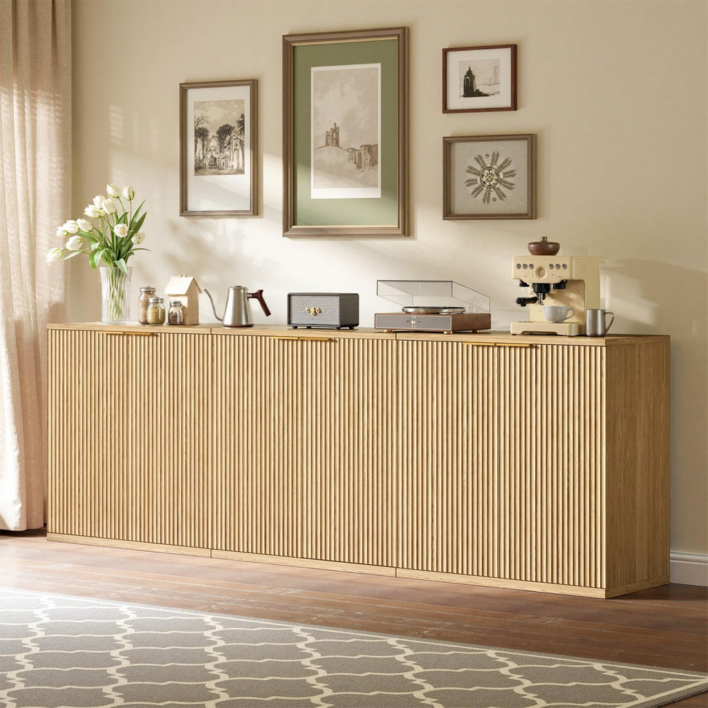 126" Oak Buffet Cabinet with Storage, Large Sideboard Cabinet, Boho Fluted Accent Credenza, and Living Room