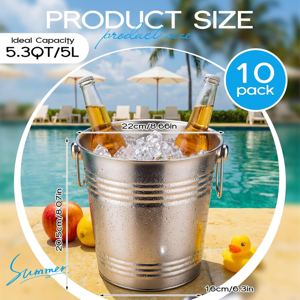 Packs 5.3QT/ 5L Champagne Ice Bucket Bulk Stainless Steel Ice Buckets with Handle Metal Silver Chiller Buckets - Set of 10