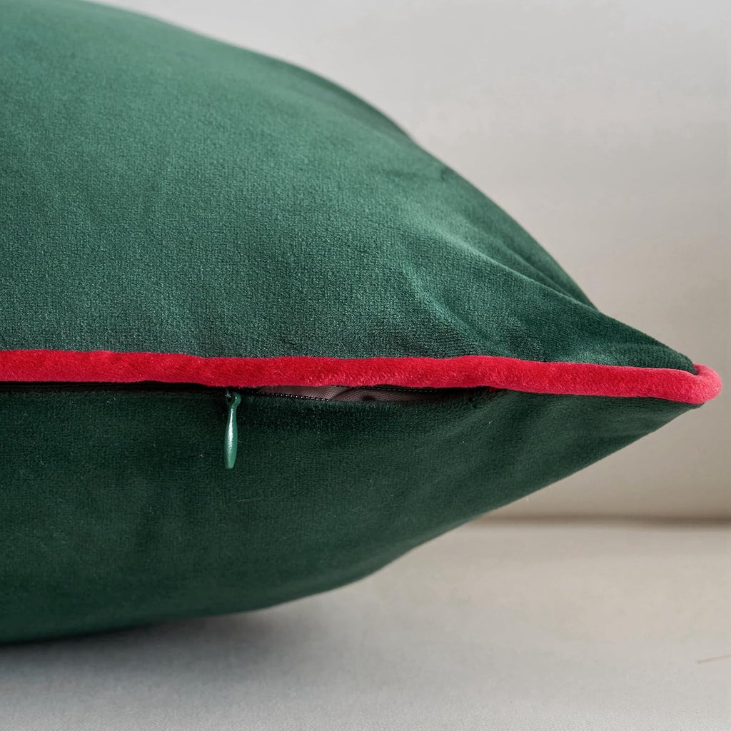 Christmas Dark Green Velvet Throw Pillow Covers Modern Minimalist Style Solid Decorative Red Rope Edging - Set of 2