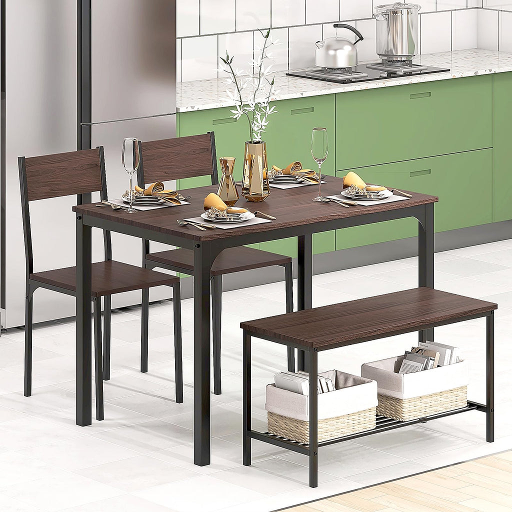 Table Chairs Set of 4, Dining Table Set for 4 with Bench and Chairs, 4 Pieces Kitchen Table Set with Storage Rack &