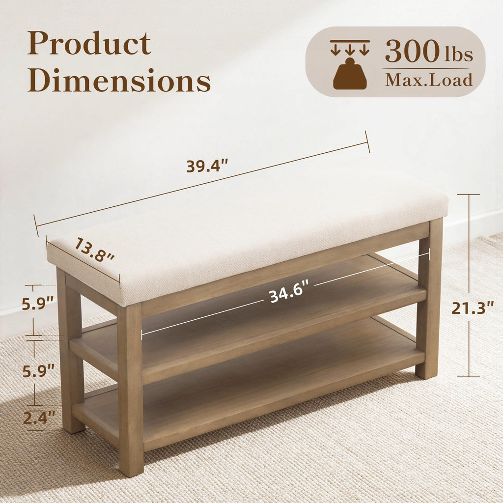 2 Tier Shoe Rack Bench with Cushion, Solid Wood Shoe Benches, Mid-Century Modern Shoe Storage Bench, Closet, Front