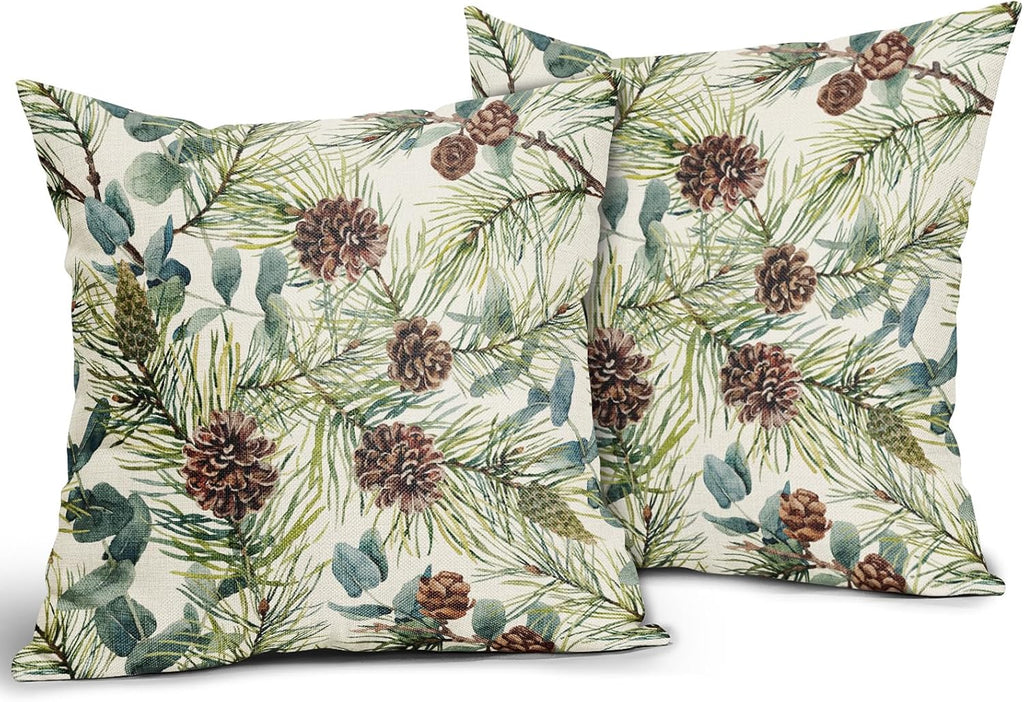 Winter Floral Pillow Covers 18x18 Inch , Green Watercolor Flower Leaf Print Rustic Themed Christmas - Set of 2