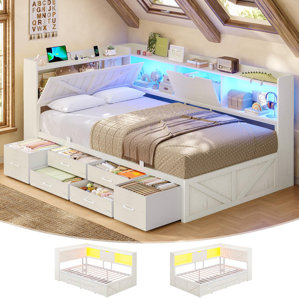 Corner Farmhouse Bed with 6 Storage Drawers, Antique White