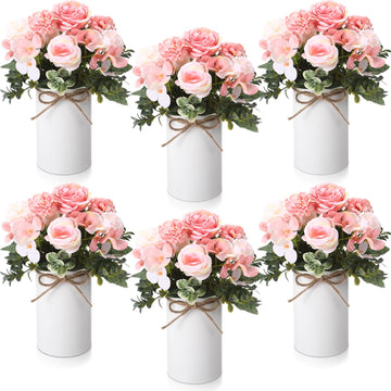 6 Sets Wedding Centerpiece for Table Decoration Blush Pink Artificial Fake Rose Flower with Metal Vase Faux Silk Rose