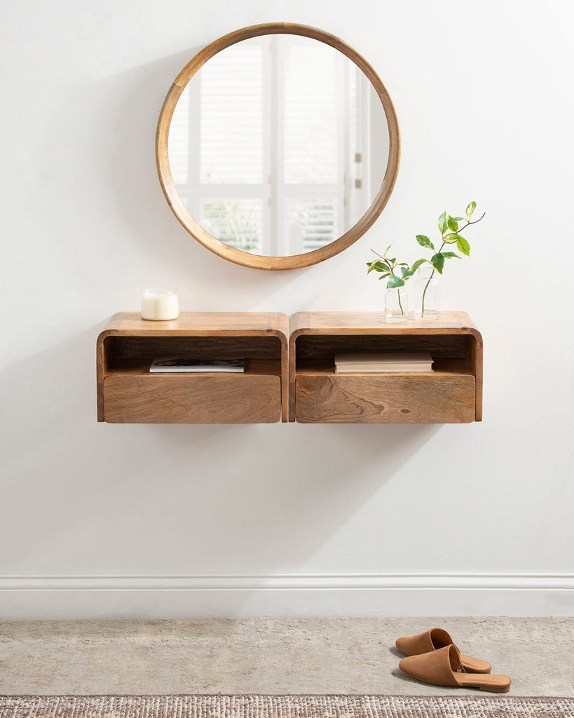 Kato Transitional Wood Floating Side Table with Drawer, 18 x 10 x 9, Natural Brown, Modern Wooden Floating Nightstand