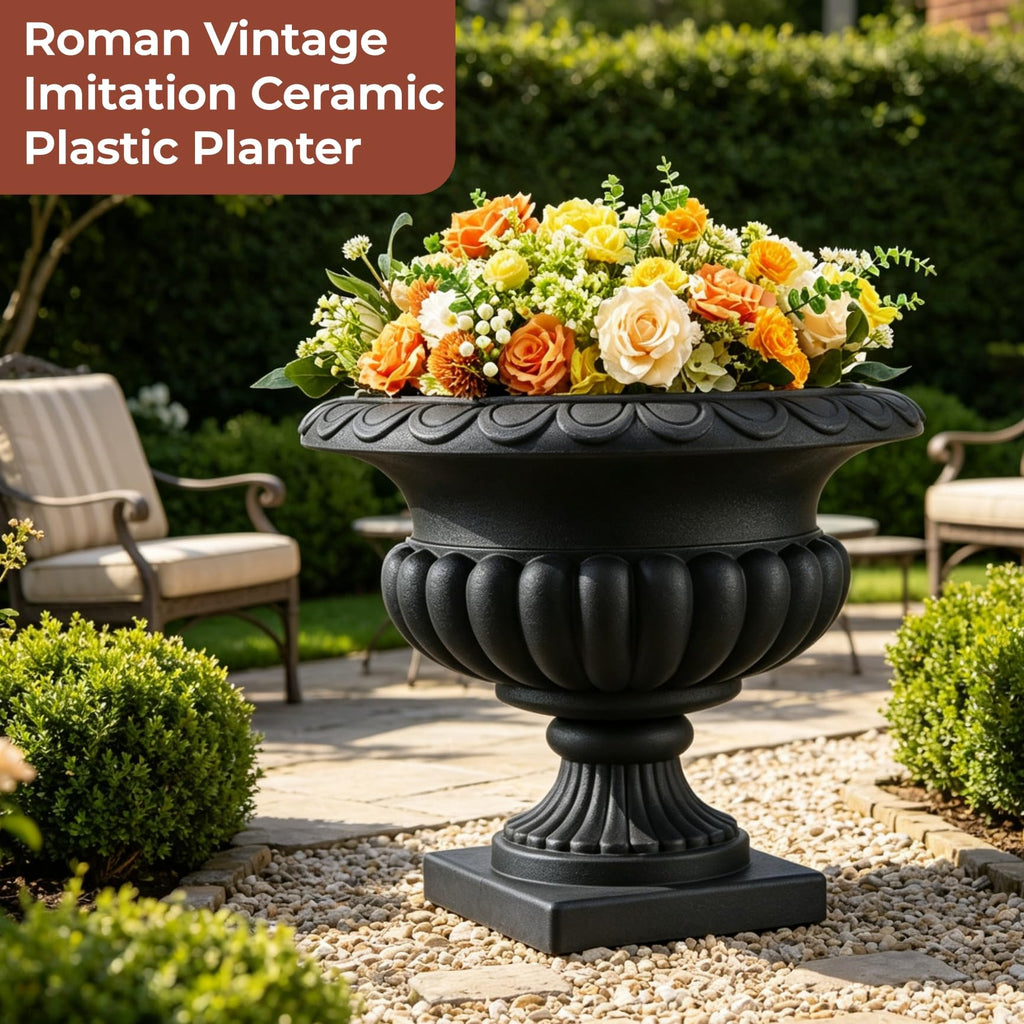 20" H Large Matte Black Roman Urn Planter, Lightweight Plastic Flower Pot