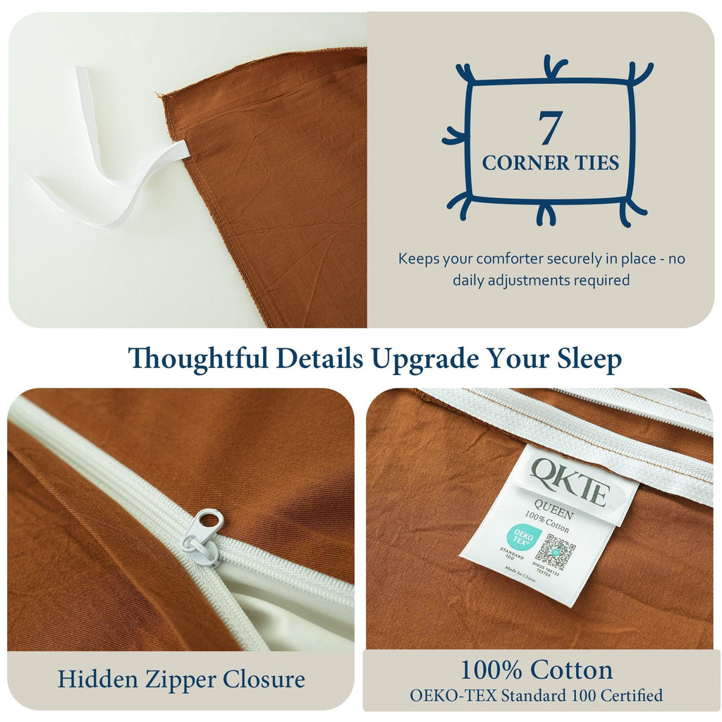 100% Washed Cotton Duvet Cover Set 3pcs Linen Feel Duvet Cover Breathable Durable Comfy Twill Bedding