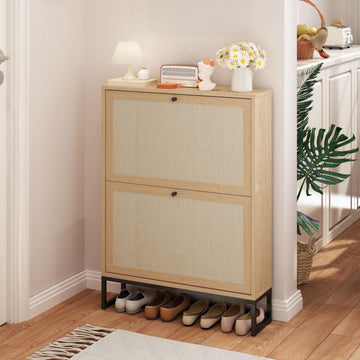 Narrow Shoe Storage Cabinet with Natural Linen Panel, Freestanding Slim Shoe Cabinet with 2 Flip Drawers, Wood Shoe