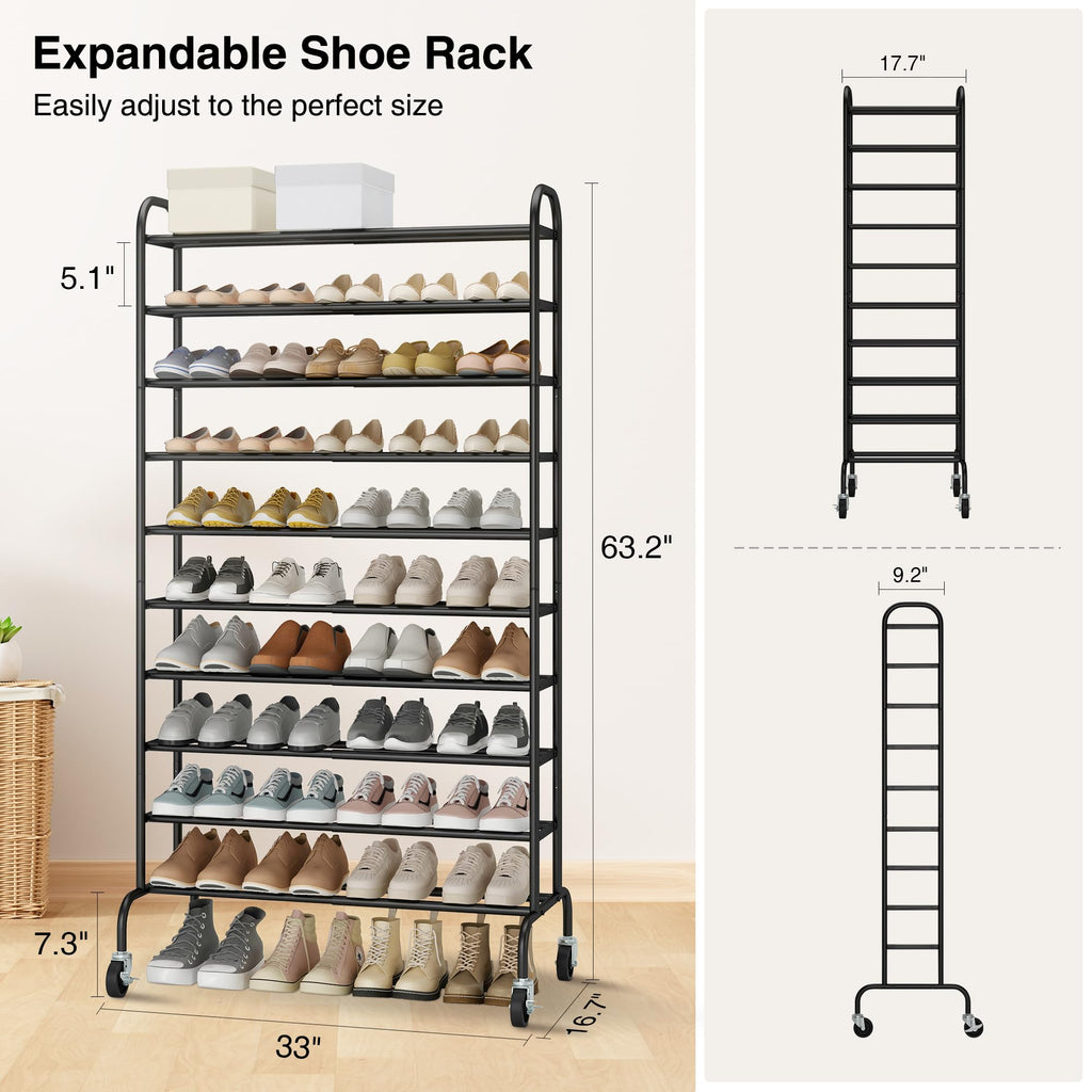 10-Tier Expandable Tall Shoe Rack for Garage, 44 Pairs, Black