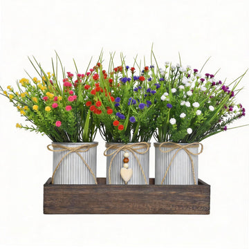 Artificial Baby's Breath (Gypsophila) Centerpiece - 3-Metal-Pot Rustic Table Decor on Wooden Tray, Faux Gypsophila
