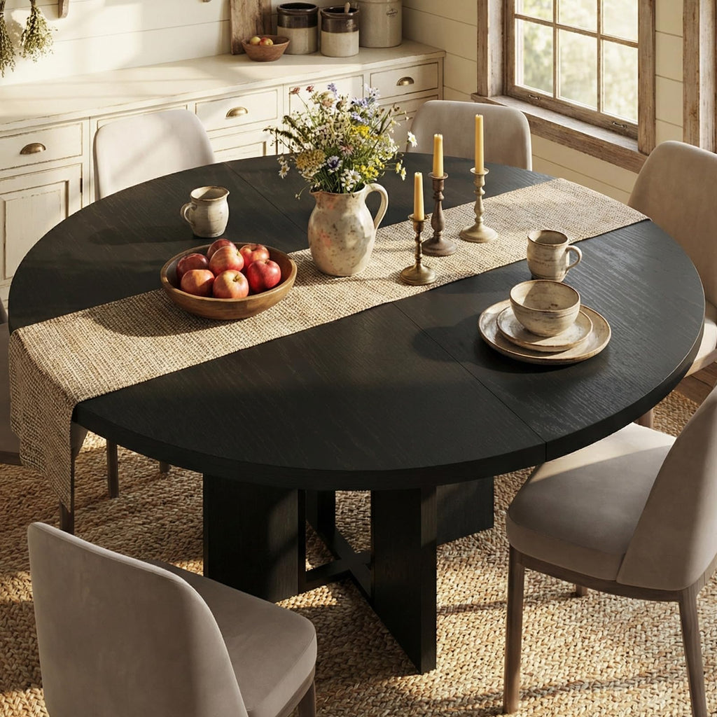 47"-63" Extendable Round Dining RoomTable for 4-8, Farmhouse Wood Expandable Kitchen Table w/Wider Leg, Sturdy Metal