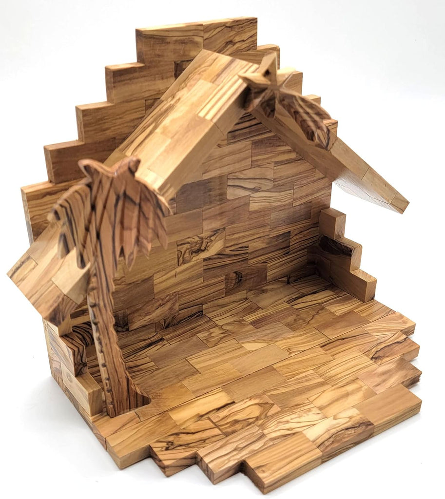 Olive Wood Nativity Stable -10.5x8.4x6.4 Inches | Hand Made from Bethlehem Olive Wood NAT113