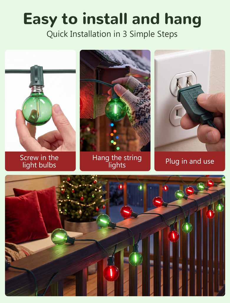 25Ft G40 LED Red Green Outdoor String Lights, 27 Shatterproof Globe Bulbs