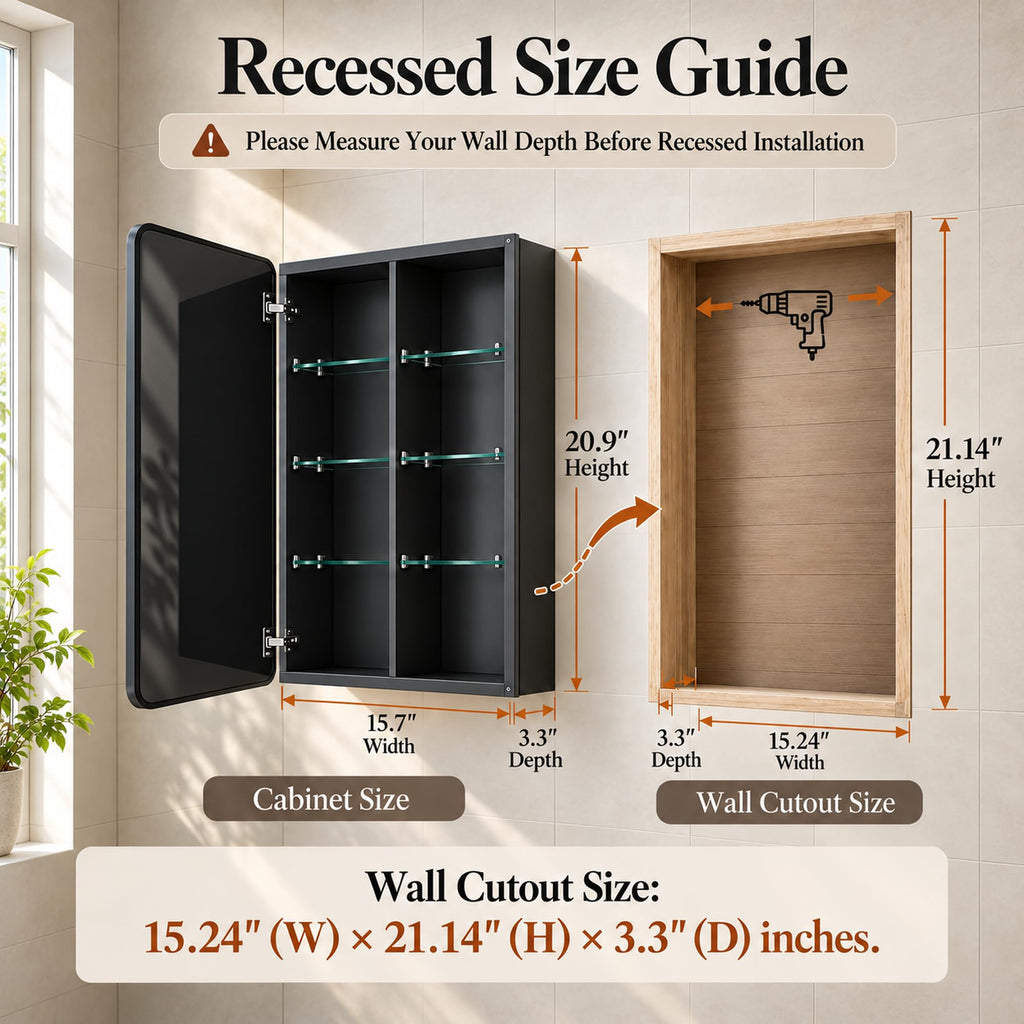 16x24 Medicine Cabinet with Mirror, Recessed/Surface Mount