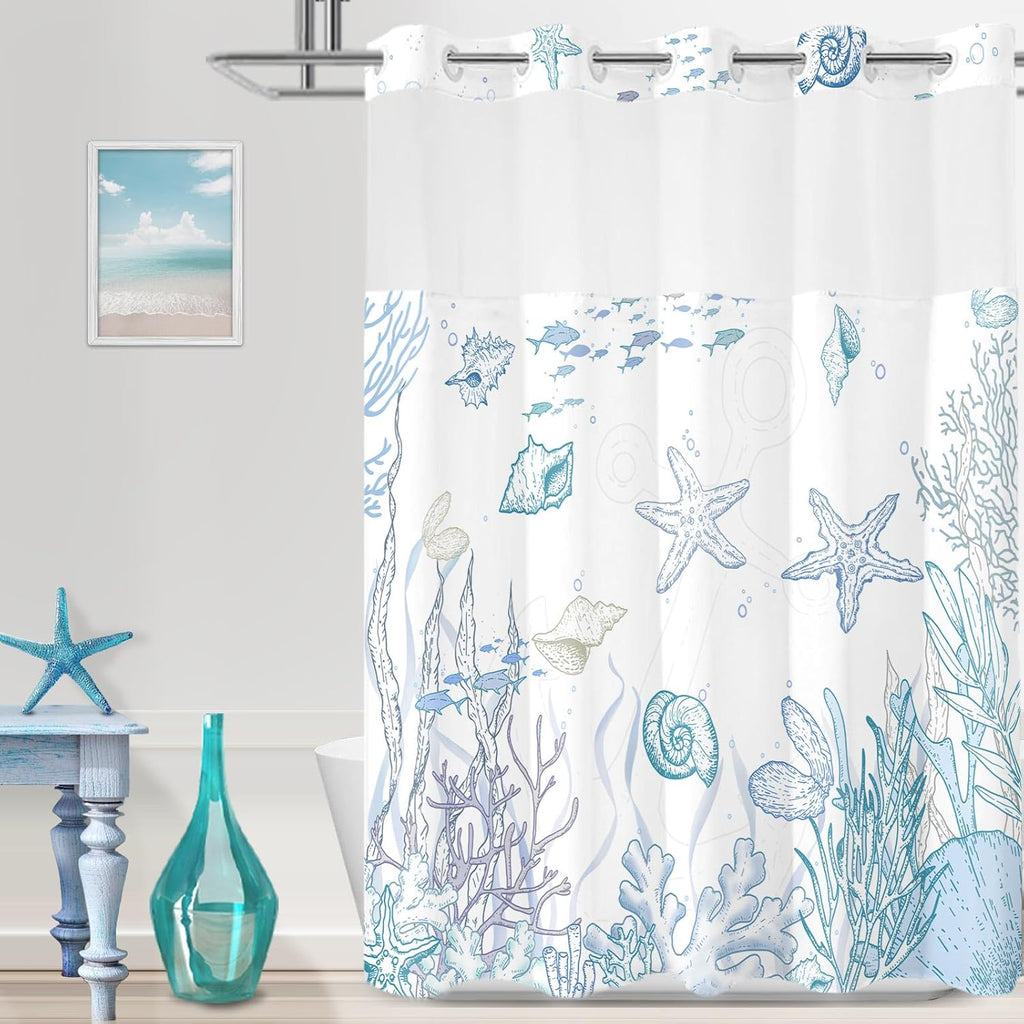 No Hook Shower Curtain and Liner Set , Blue Beach Coastal 71x74 | Nautical Ocean Design, with Snap in Liner