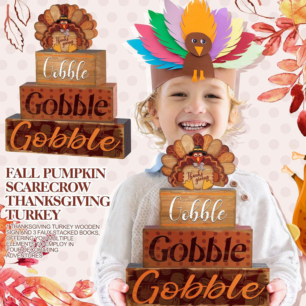 Thanksgiving Decor Turkey Cute Wooden Sign with Sayings - Set of 4