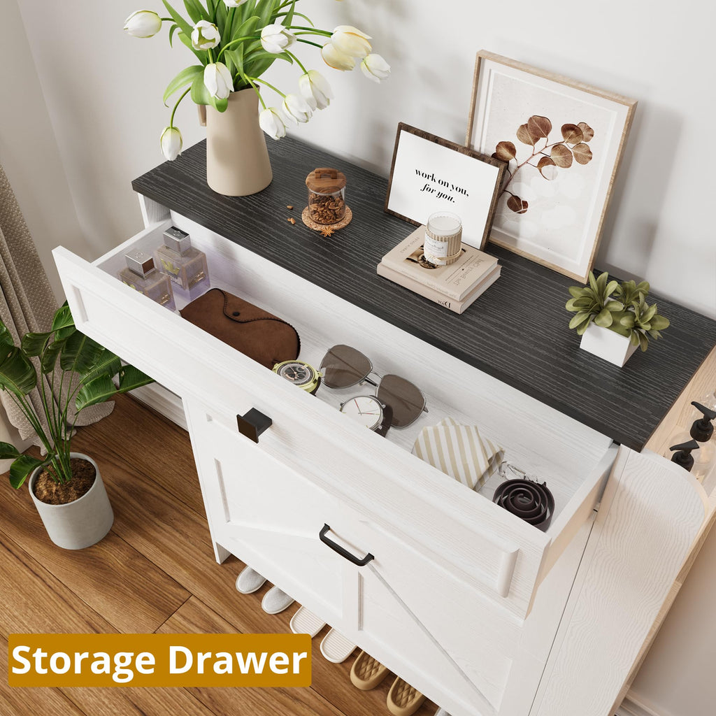 Shoe Storage Cabinet with 2 Flip Drawers & Barn Door, White/Black
