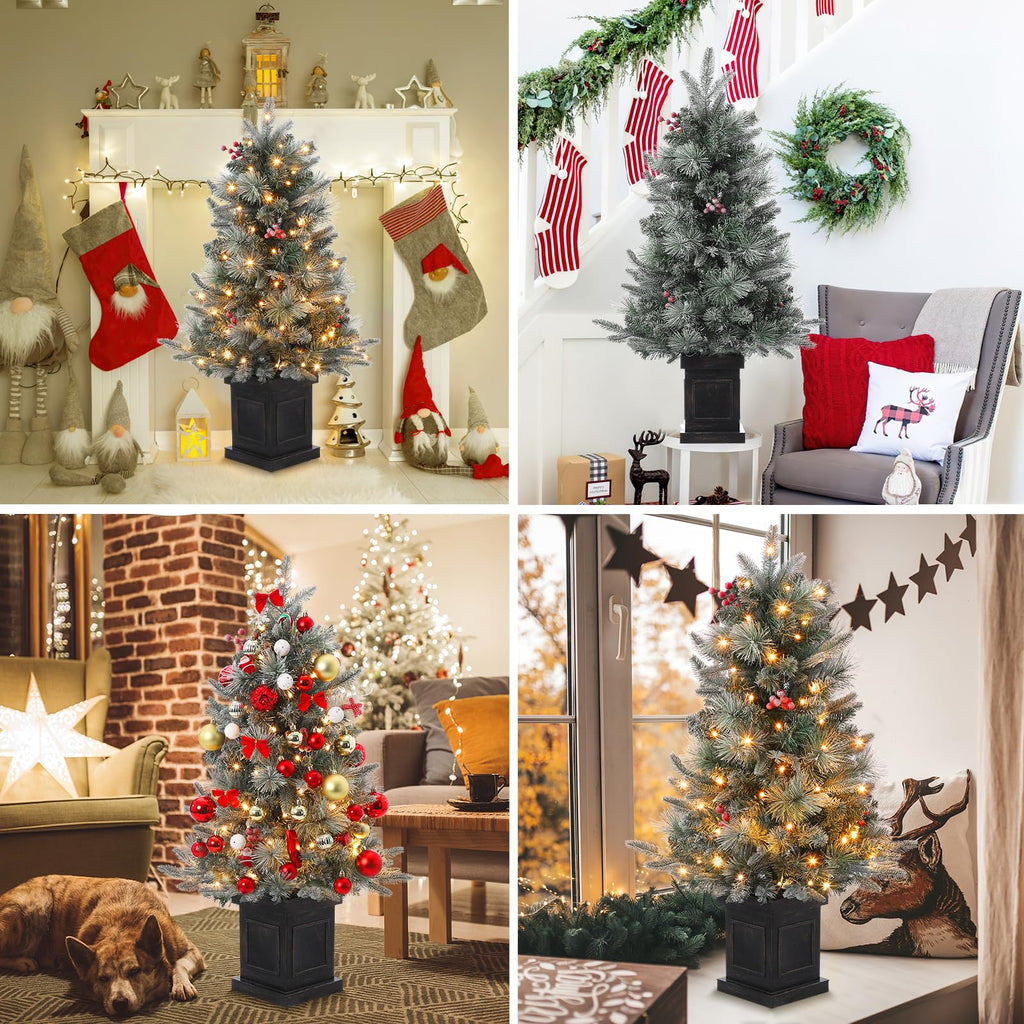3FT Prelit Snow Flocked Christmas Tree with Prelit Premium 70 LED 8 Mode Battery Powered Mini Small Xmas Tree for