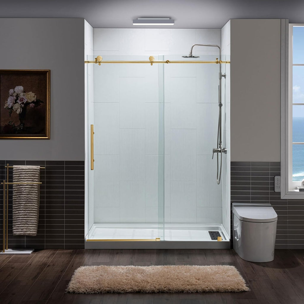 Frameless Sliding Shower Door, 44"-48" Width, 76" Height, 3/8" (10 mm) Clear Tempered Glass, Brushed Gold Finish