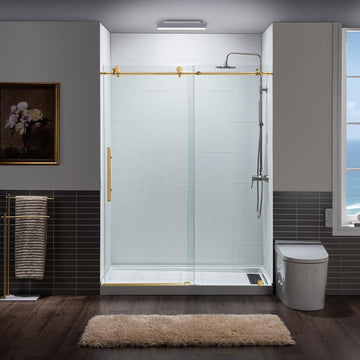 Frameless Sliding Shower Door, 44"-48" Width, 76" Height, 3/8" (10 mm) Clear Tempered Glass, Brushed Gold Finish