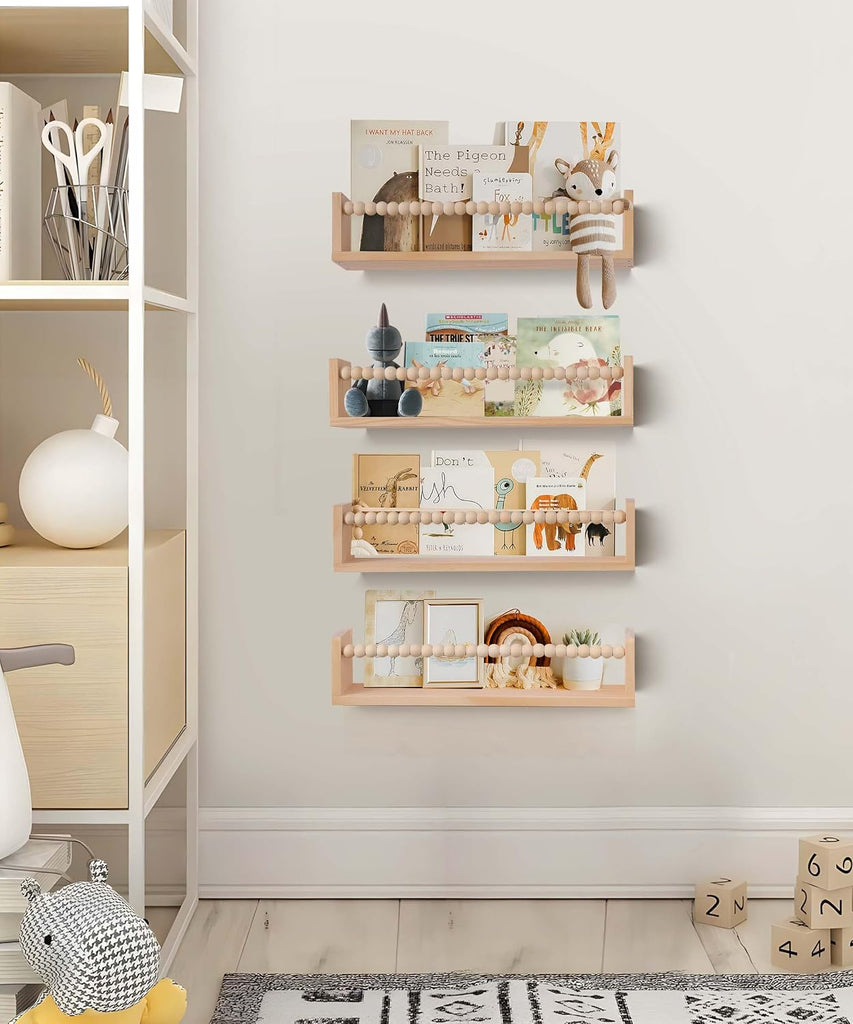 Nursery Book Shelves Set of 4,Wood Floating Nursery Shelves for Wall,Wall Bookshelves for Kids(Set of 4 Natural)