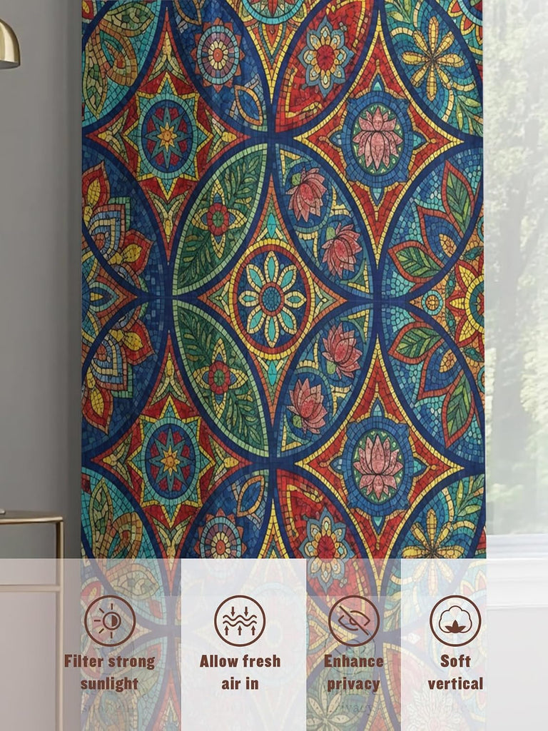 Vintage Boho Sheer Curtains 96 Inch Length 2 Panels, Ethnic Floral Geometric Green Blue Red Voile Kitchen Curtain Set