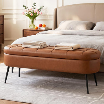 Storage Bench, 43.7" Leather Storage Ottoman Bench with Hinge, Brown